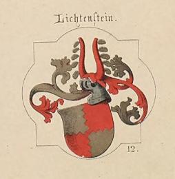 Lichtenstein-Wappen mit Helmzier als Chorschlussstein in der Ritterkapelle Haßfurt; Zeichnung von Heideloff